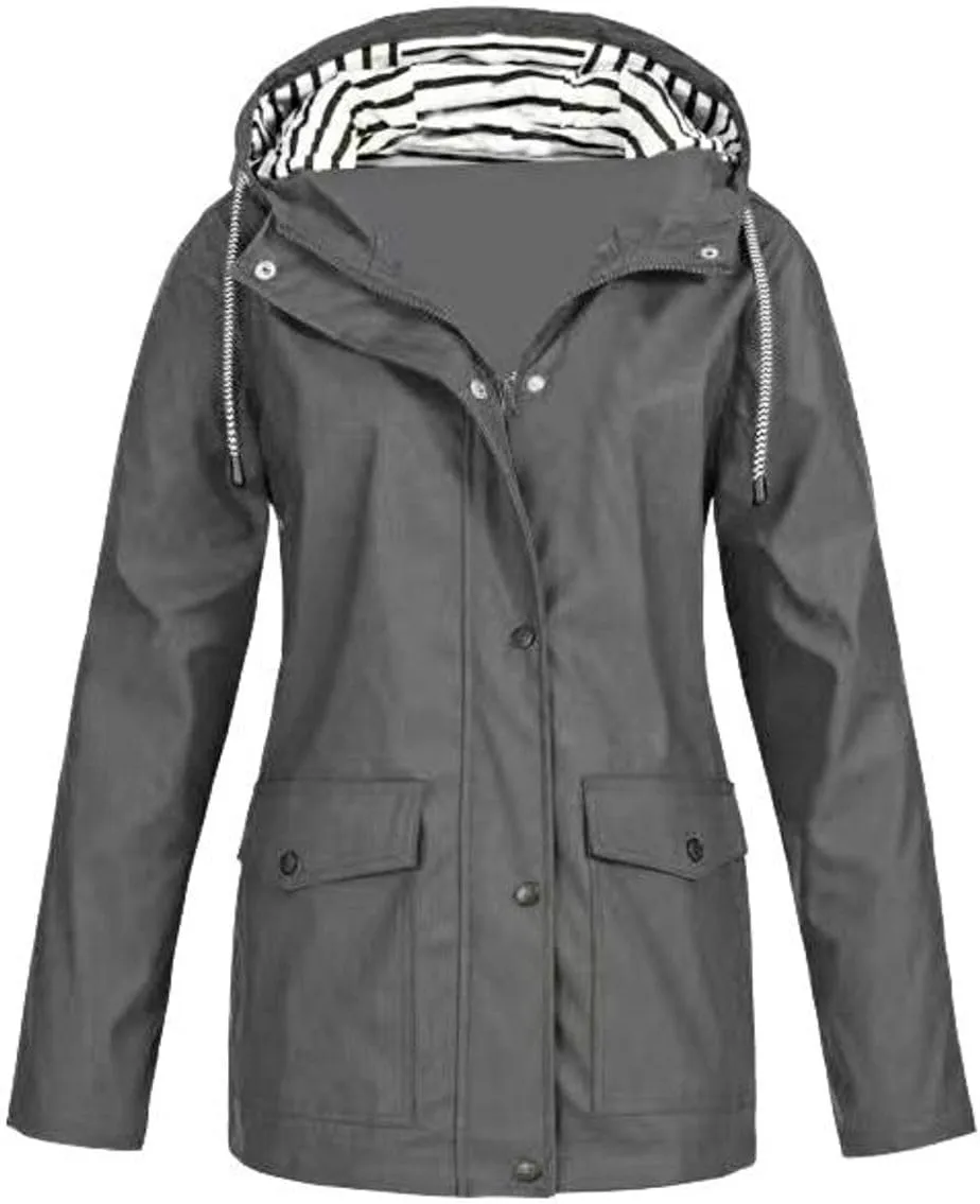 Lu's Chic Womens Hooded Rain Jacket Zip Up Trench Coat Fall Raincoat Snow Long Sleeve Anorak Zipper Pockets Drawstring