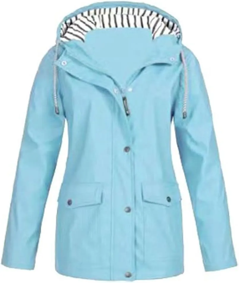 Lu's Chic Womens Hooded Rain Jacket Zip Up Trench Coat Fall Raincoat Snow Long Sleeve Anorak Zipper Pockets Drawstring