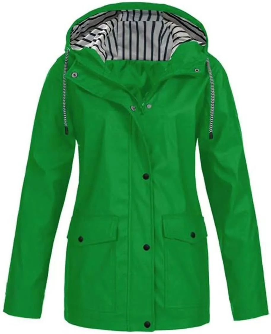 Lu's Chic Womens Hooded Rain Jacket Zip Up Trench Coat Fall Raincoat Snow Long Sleeve Anorak Zipper Pockets Drawstring