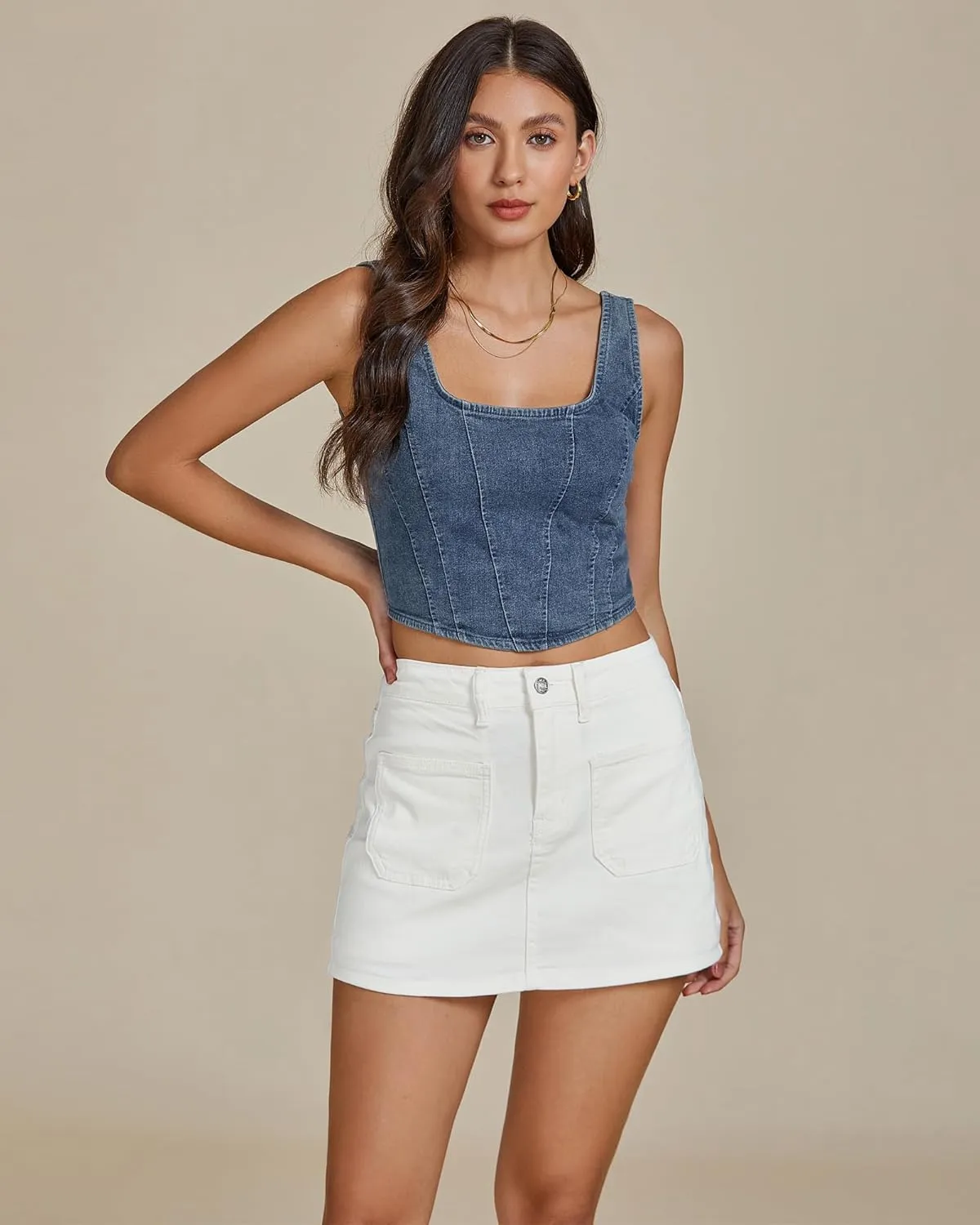 luvamia Jean Skorts for Woman Trendy High Waisted Stretchy Denim Skirt with Shorts Casual Patch Pocket Mini Skort Skirts