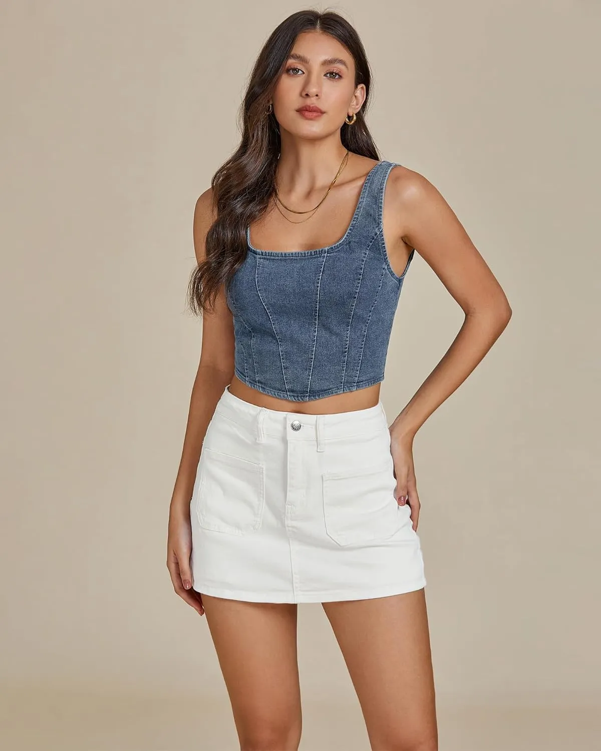 luvamia Jean Skorts for Woman Trendy High Waisted Stretchy Denim Skirt with Shorts Casual Patch Pocket Mini Skort Skirts