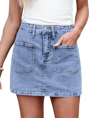 luvamia Jean Skorts for Woman Trendy High Waisted Stretchy Denim Skirt with Shorts Casual Patch Pocket Mini Skort Skirts
