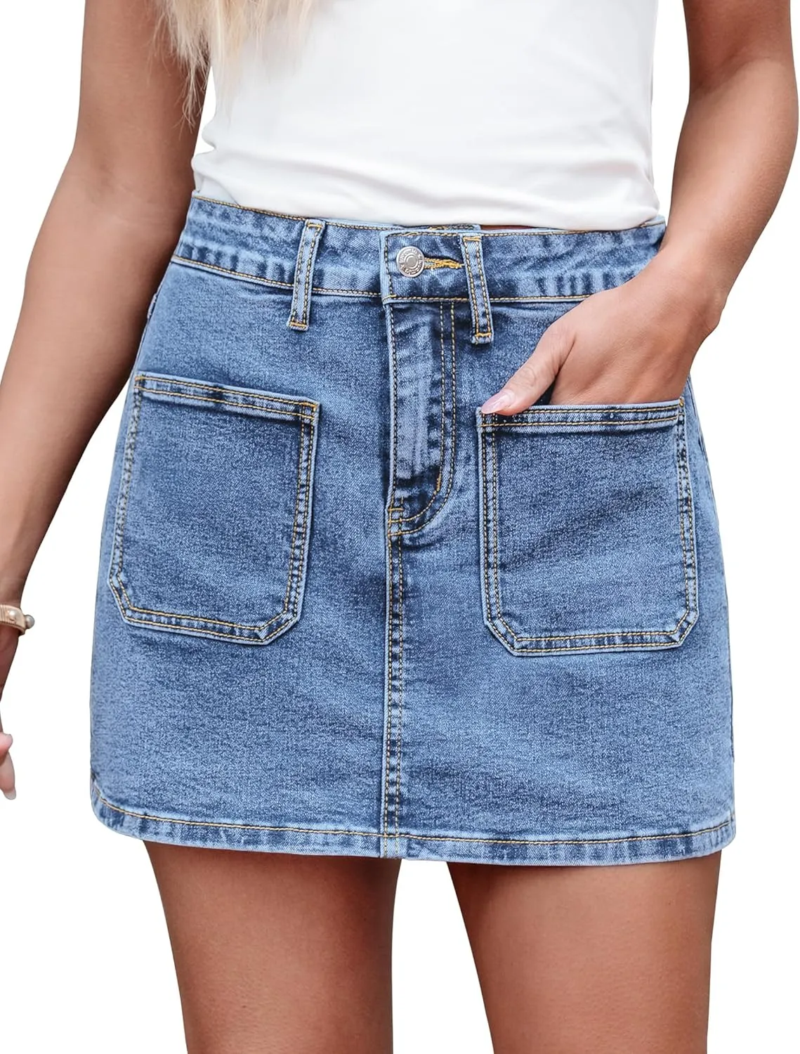 luvamia Jean Skorts for Woman Trendy High Waisted Stretchy Denim Skirt with Shorts Casual Patch Pocket Mini Skort Skirts