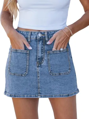 luvamia Jean Skorts for Woman Trendy High Waisted Stretchy Denim Skirt with Shorts Casual Patch Pocket Mini Skort Skirts