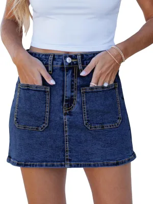 luvamia Jean Skorts for Woman Trendy High Waisted Stretchy Denim Skirt with Shorts Casual Patch Pocket Mini Skort Skirts