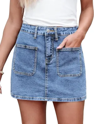 luvamia Jean Skorts for Woman Trendy High Waisted Stretchy Denim Skirt with Shorts Casual Patch Pocket Mini Skort Skirts