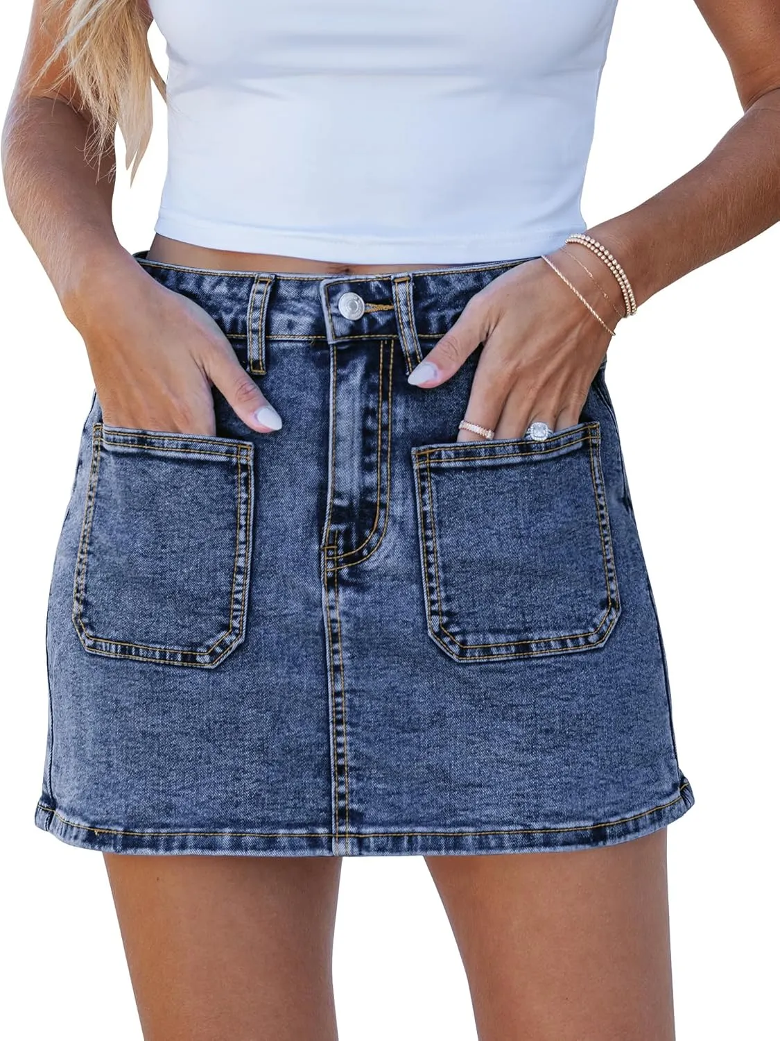 luvamia Jean Skorts for Woman Trendy High Waisted Stretchy Denim Skirt with Shorts Casual Patch Pocket Mini Skort Skirts
