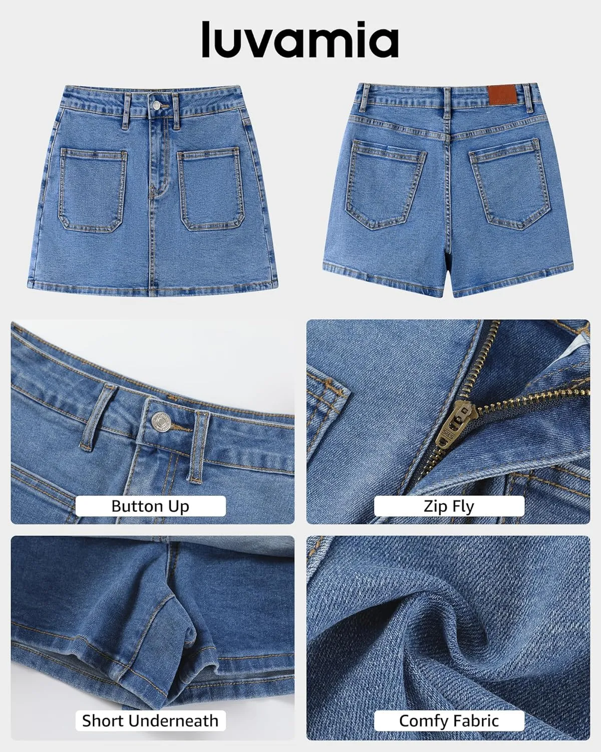 luvamia Jean Skorts for Woman Trendy High Waisted Stretchy Denim Skirt with Shorts Casual Patch Pocket Mini Skort Skirts