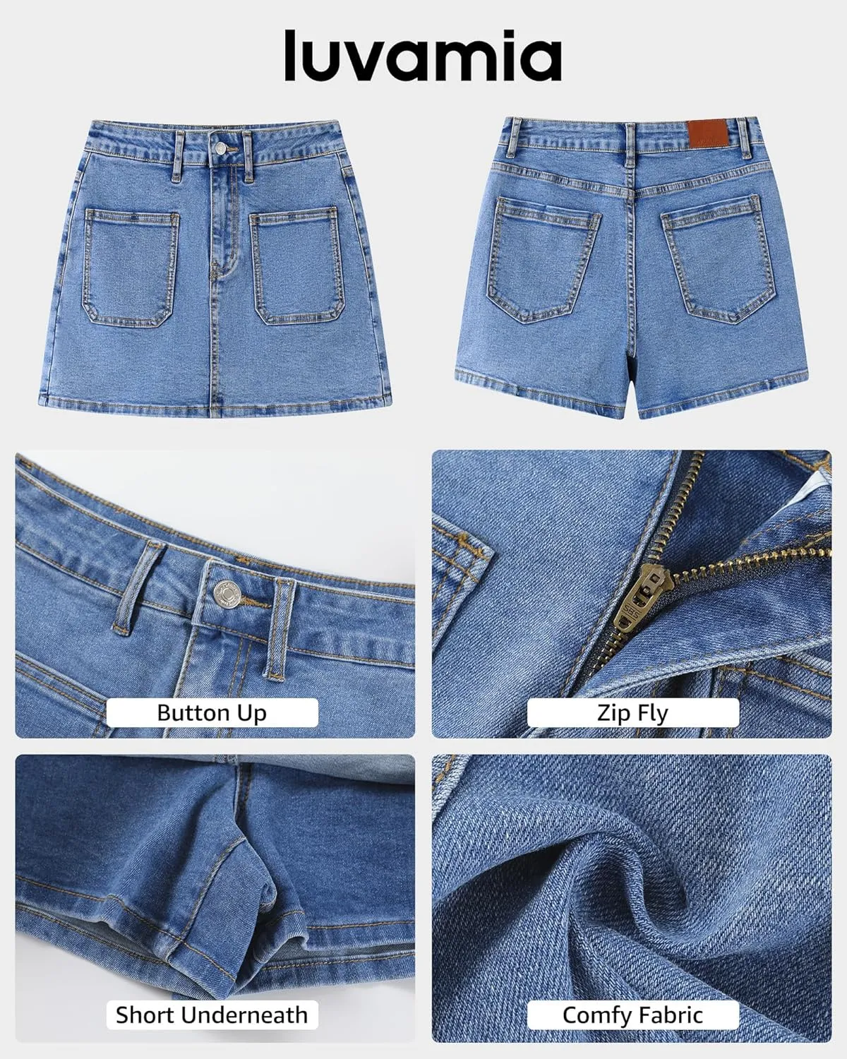 luvamia Jean Skorts for Woman Trendy High Waisted Stretchy Denim Skirt with Shorts Casual Patch Pocket Mini Skort Skirts