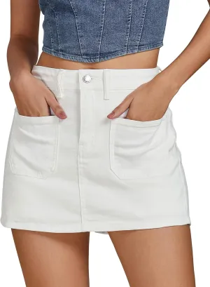 luvamia Jean Skorts for Woman Trendy High Waisted Stretchy Denim Skirt with Shorts Casual Patch Pocket Mini Skort Skirts
