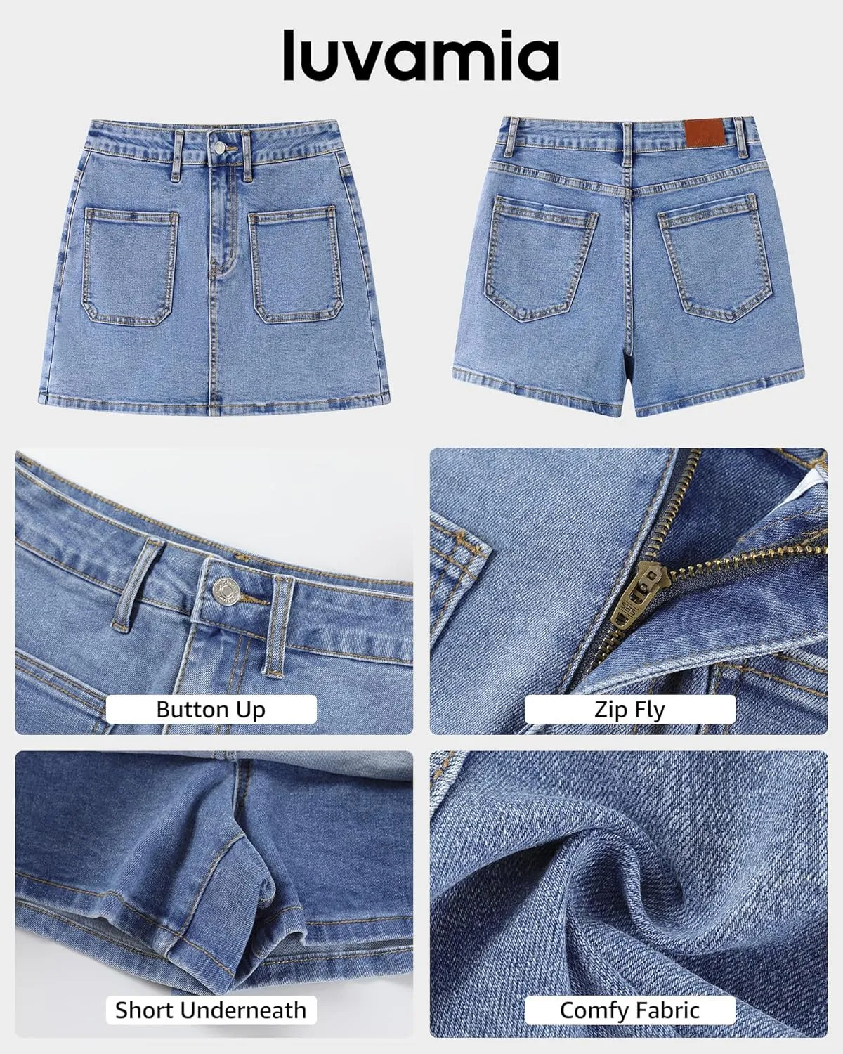 luvamia Jean Skorts for Woman Trendy High Waisted Stretchy Denim Skirt with Shorts Casual Patch Pocket Mini Skort Skirts