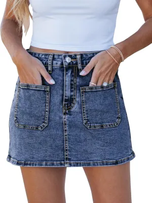 luvamia Jean Skorts for Woman Trendy High Waisted Stretchy Denim Skirt with Shorts Casual Patch Pocket Mini Skort Skirts