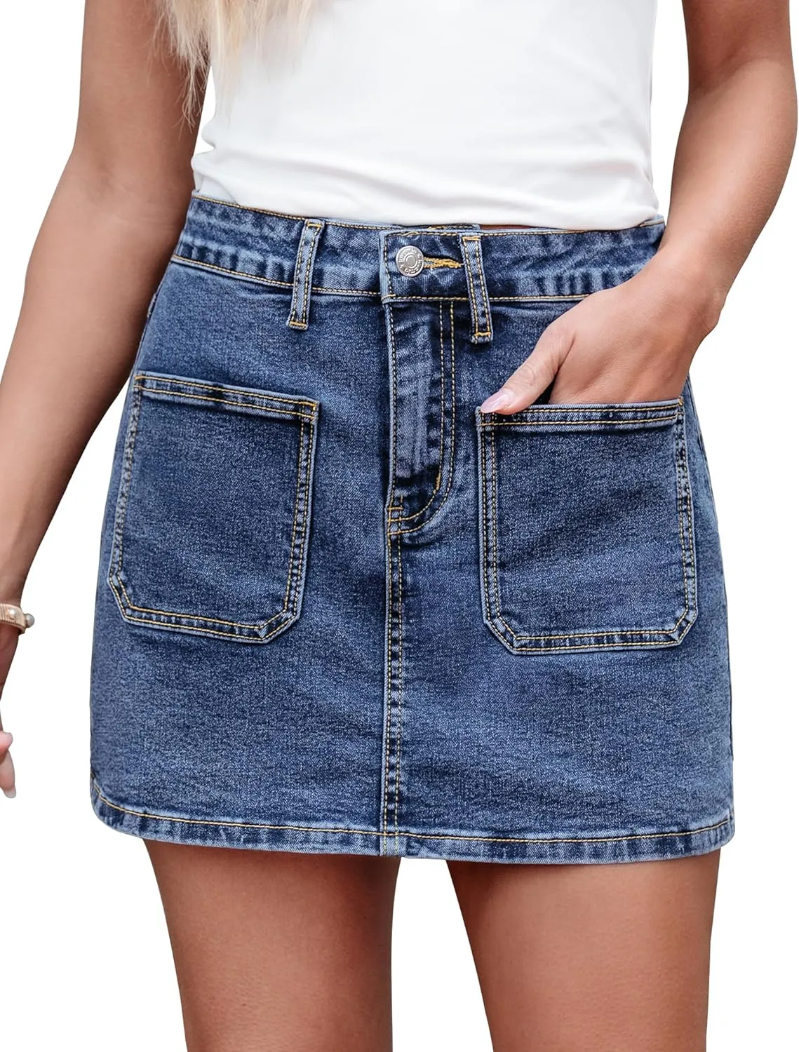 luvamia Jean Skorts for Woman Trendy High Waisted Stretchy Denim Skirt with Shorts Casual Patch Pocket Mini Skort Skirts