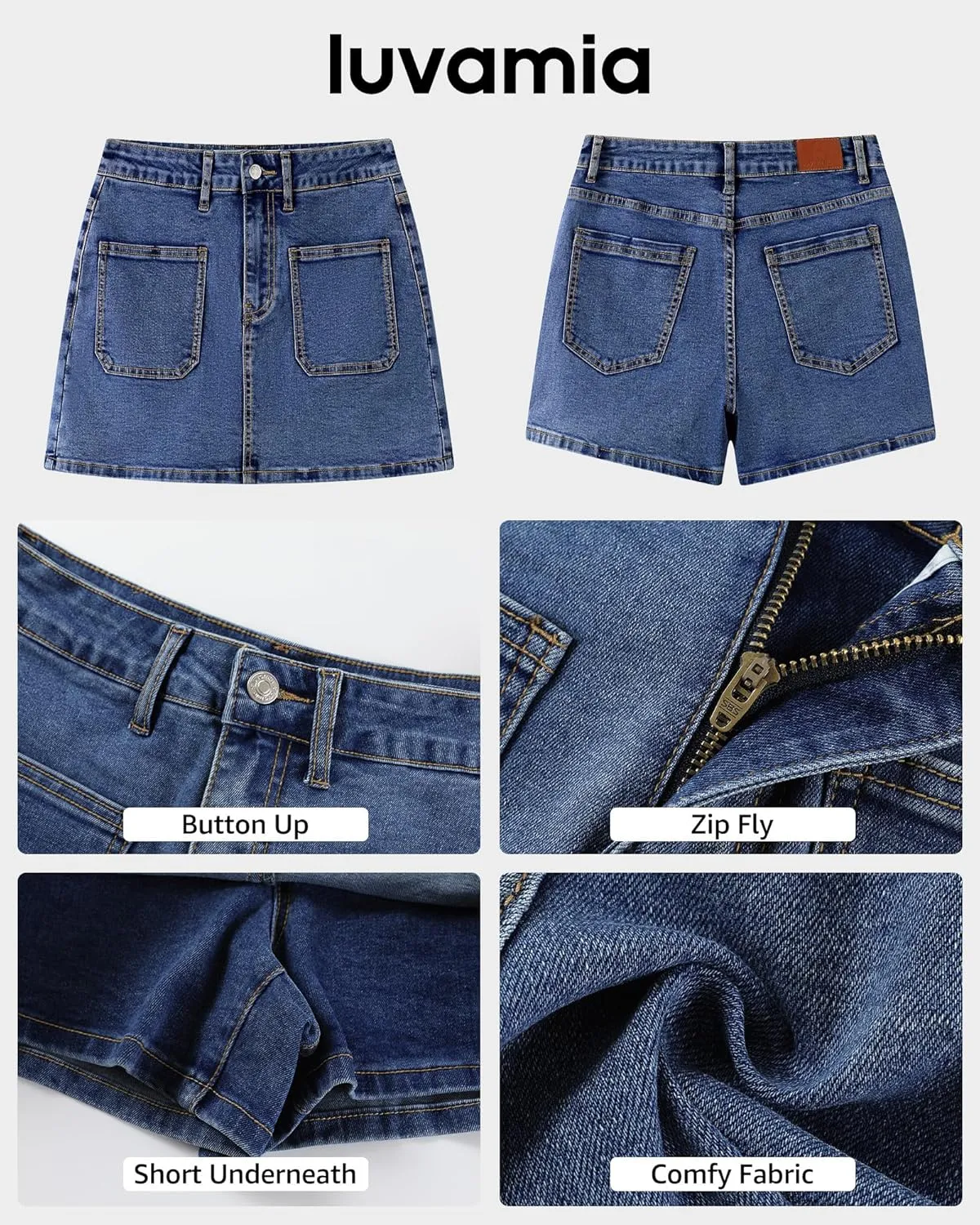 luvamia Jean Skorts for Woman Trendy High Waisted Stretchy Denim Skirt with Shorts Casual Patch Pocket Mini Skort Skirts