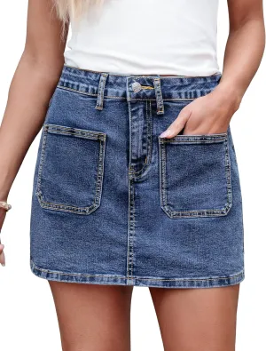 luvamia Jean Skorts for Woman Trendy High Waisted Stretchy Denim Skirt with Shorts Casual Patch Pocket Mini Skort Skirts