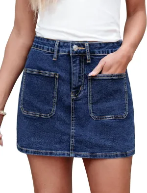 luvamia Jean Skorts for Woman Trendy High Waisted Stretchy Denim Skirt with Shorts Casual Patch Pocket Mini Skort Skirts