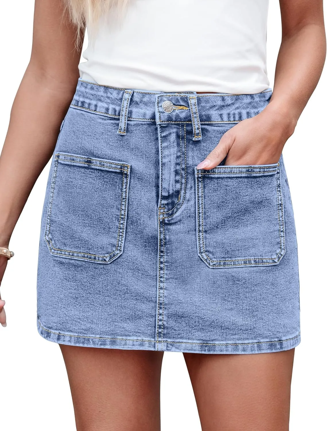 luvamia Jean Skorts for Woman Trendy High Waisted Stretchy Denim Skirt with Shorts Casual Patch Pocket Mini Skort Skirts