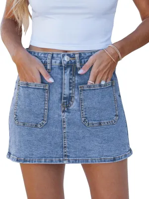 luvamia Jean Skorts for Woman Trendy High Waisted Stretchy Denim Skirt with Shorts Casual Patch Pocket Mini Skort Skirts