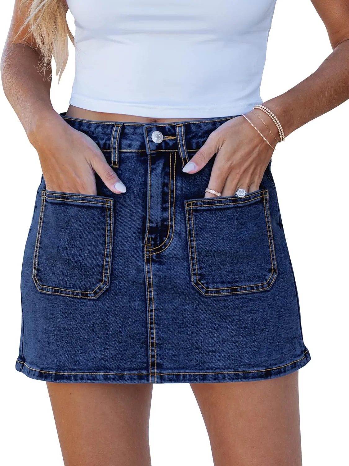 luvamia Jean Skorts for Woman Trendy High Waisted Stretchy Denim Skirt with Shorts Casual Patch Pocket Mini Skort Skirts