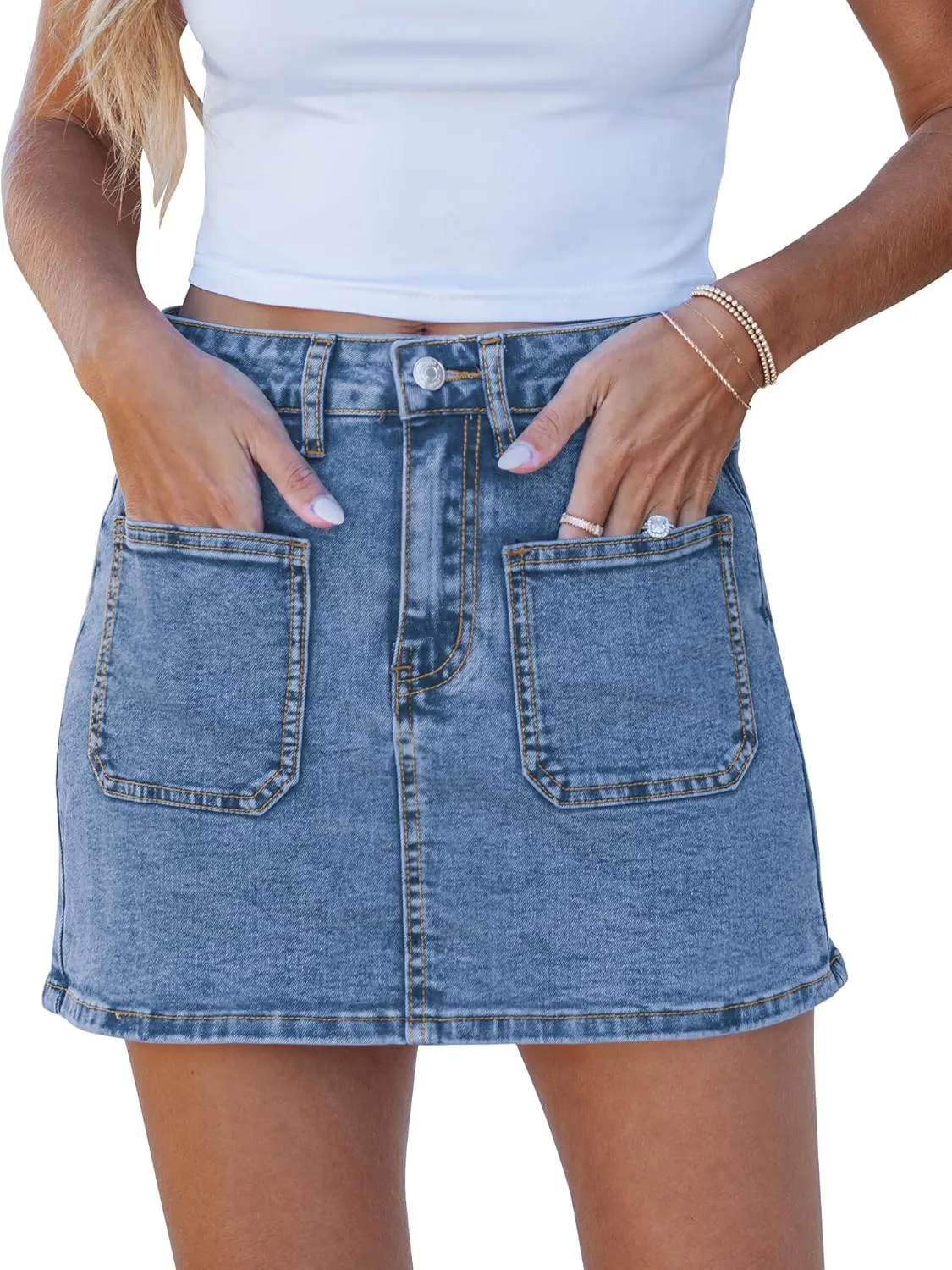 luvamia Jean Skorts for Woman Trendy High Waisted Stretchy Denim Skirt with Shorts Casual Patch Pocket Mini Skort Skirts