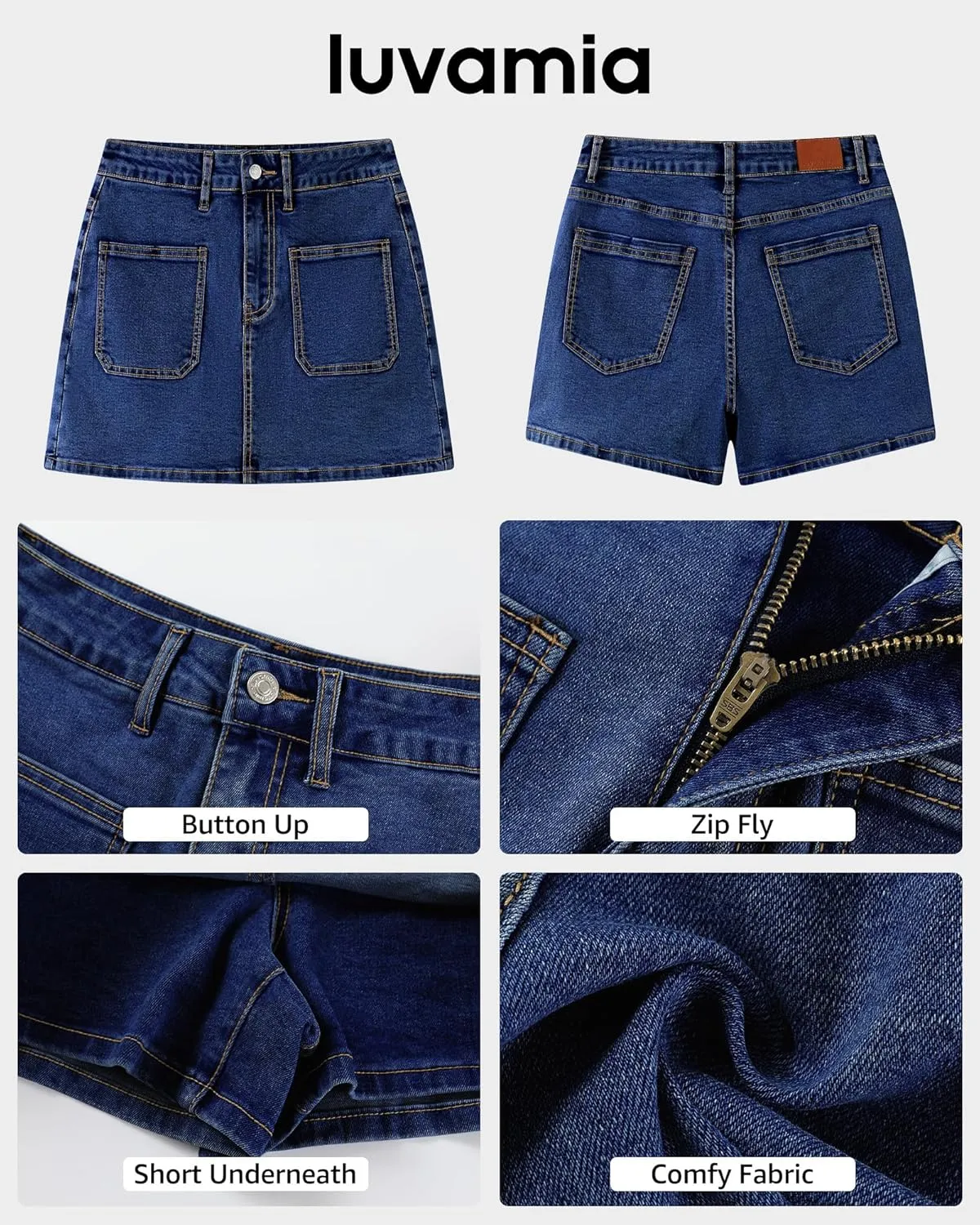 luvamia Jean Skorts for Woman Trendy High Waisted Stretchy Denim Skirt with Shorts Casual Patch Pocket Mini Skort Skirts