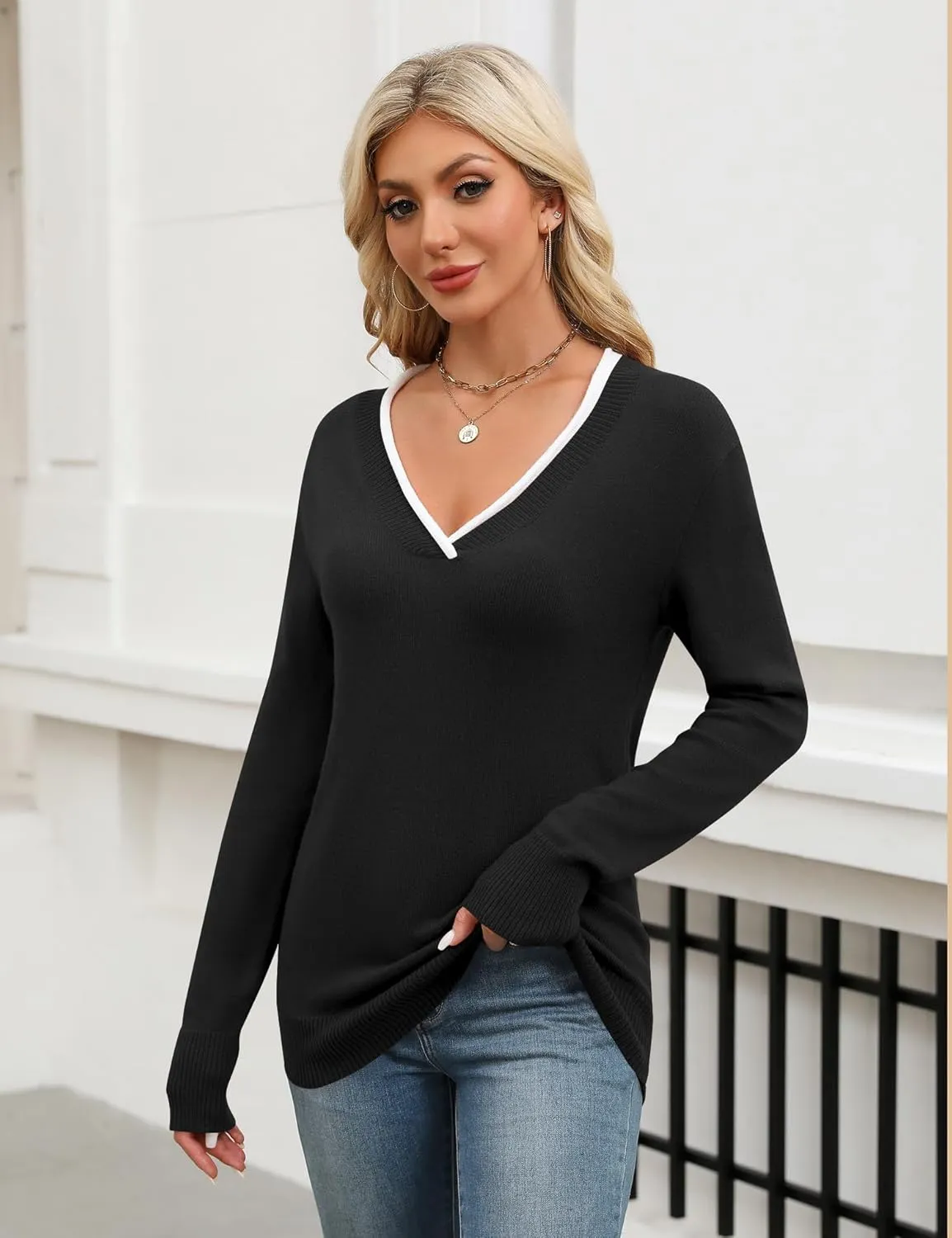 LUYAA Women's Casual Long Sleeve Sweaters V-Neck Patchwork Knit Tops Fashion Outfits Trendy