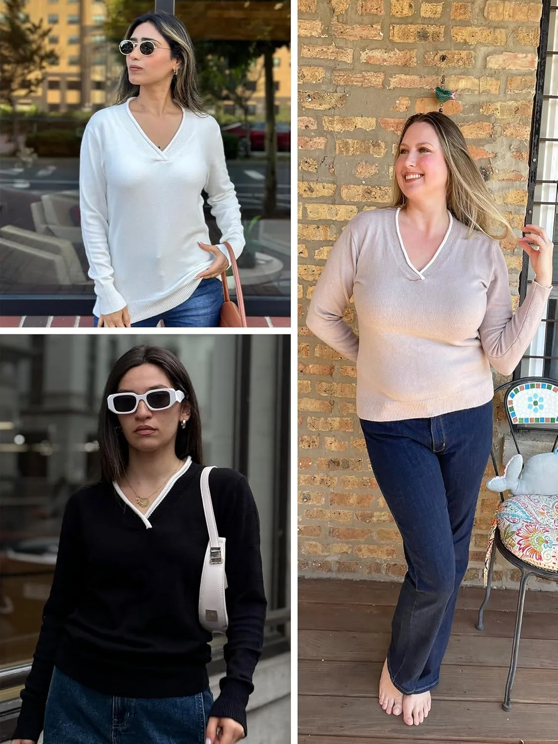 LUYAA Women's Casual Long Sleeve Sweaters V-Neck Patchwork Knit Tops Fashion Outfits Trendy