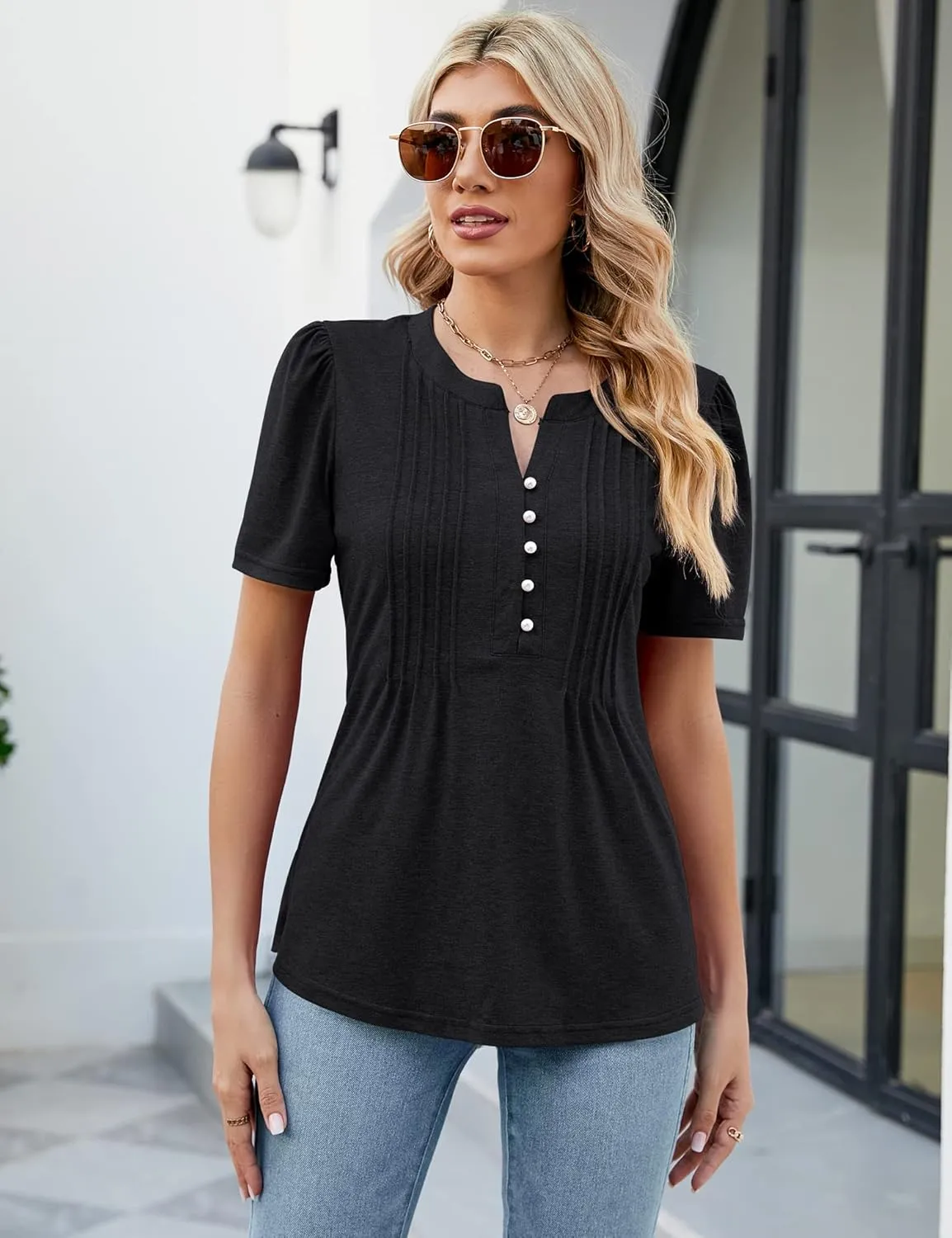 LUYAA Women's Long Sleeve Casual Blouses Dressy Tunic Top V Neck Button Office Wear Fall Winter