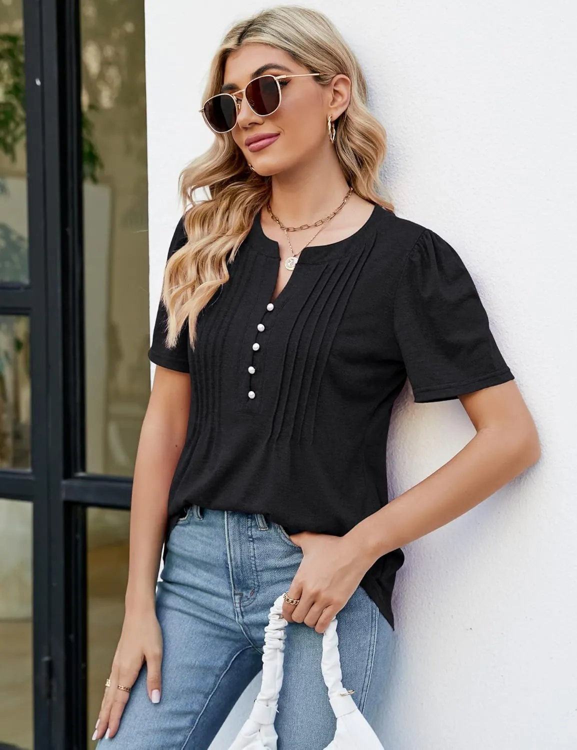 LUYAA Women's Long Sleeve Casual Blouses Dressy Tunic Top V Neck Button Office Wear Fall Winter