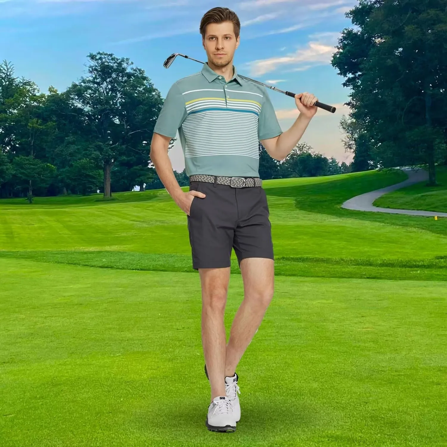 M MAELREG Golf Shirts for Men Short Sleeve Regular Fit Moisture Wicking Performance Casual Striped Print Mens Polo Shirts