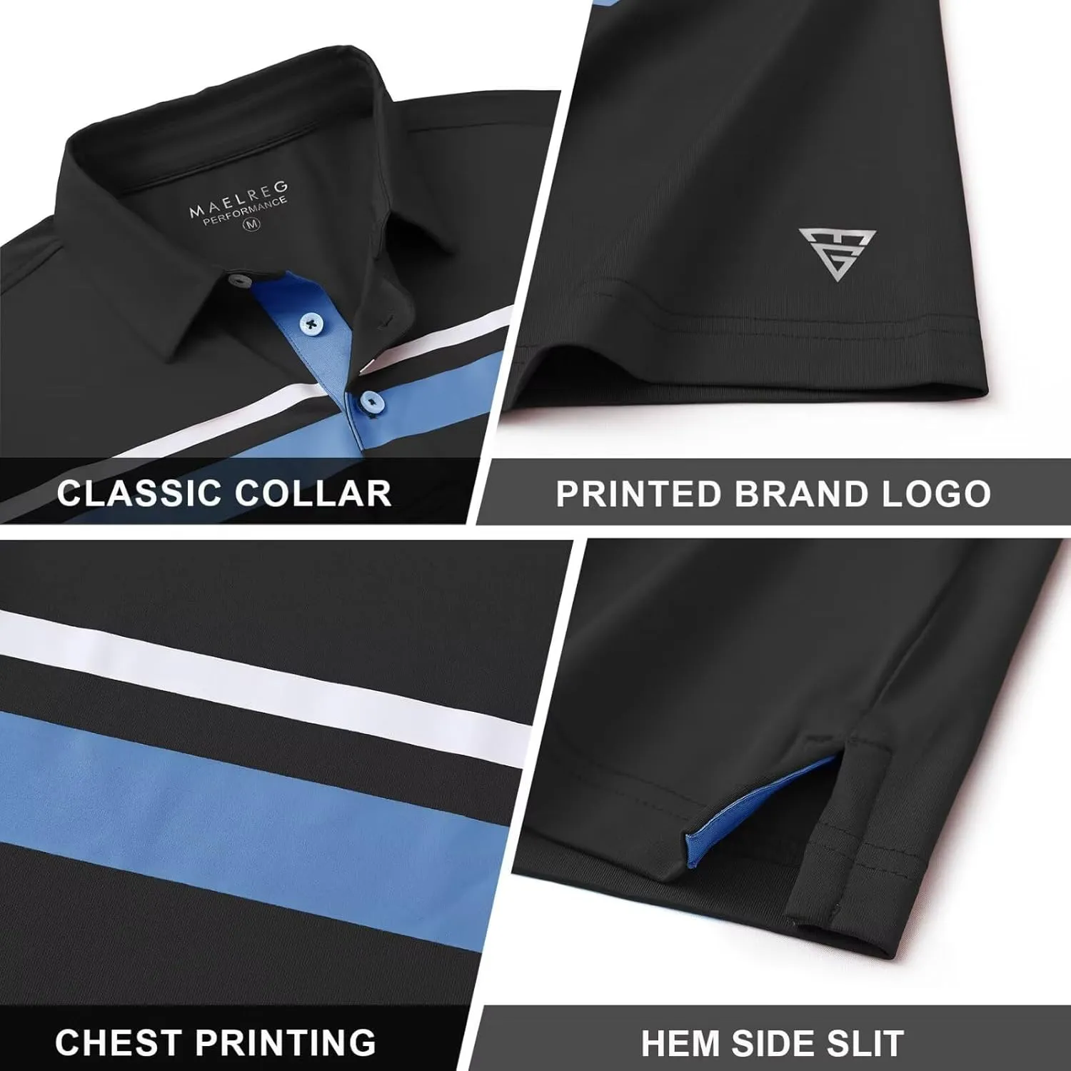M MAELREG Golf Shirts for Men Short Sleeve Regular Fit Moisture Wicking Performance Casual Striped Print Mens Polo Shirts