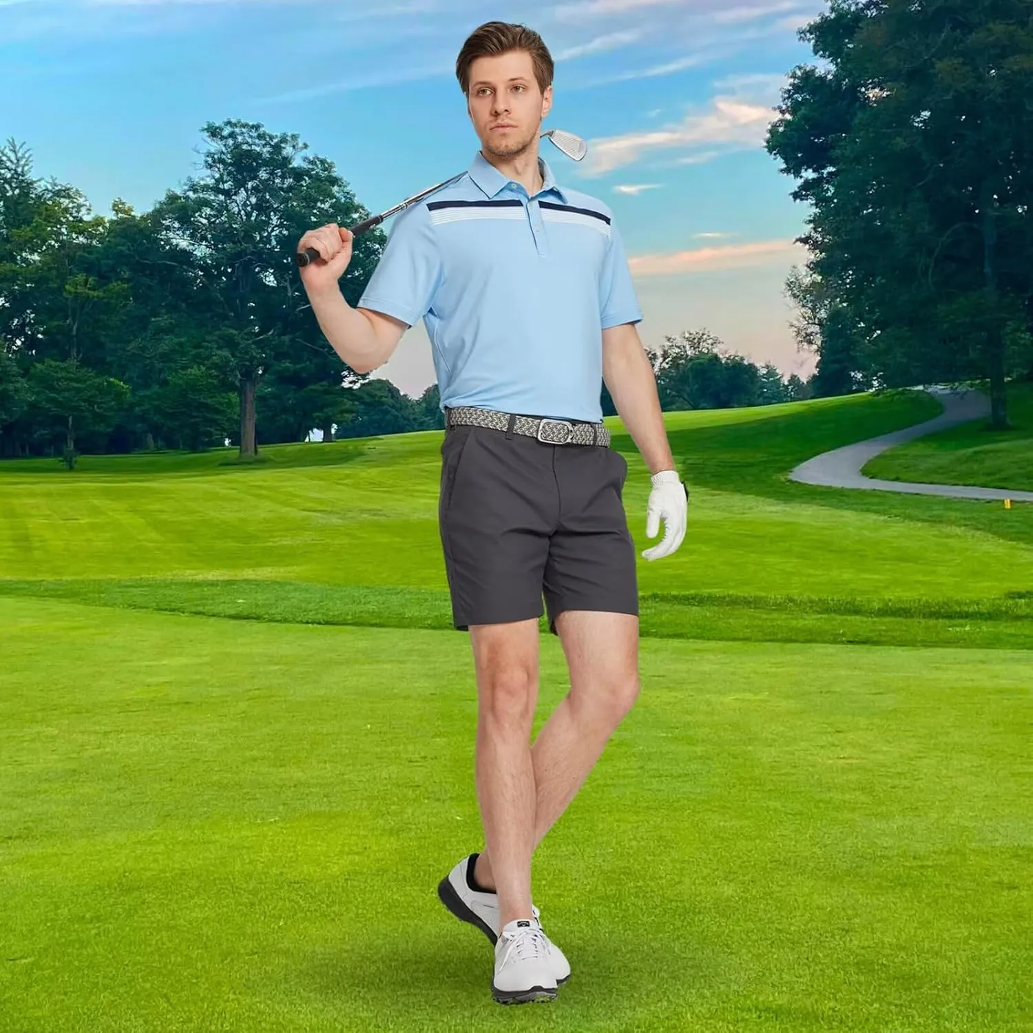 M MAELREG Golf Shirts for Men Short Sleeve Regular Fit Moisture Wicking Performance Casual Striped Print Mens Polo Shirts