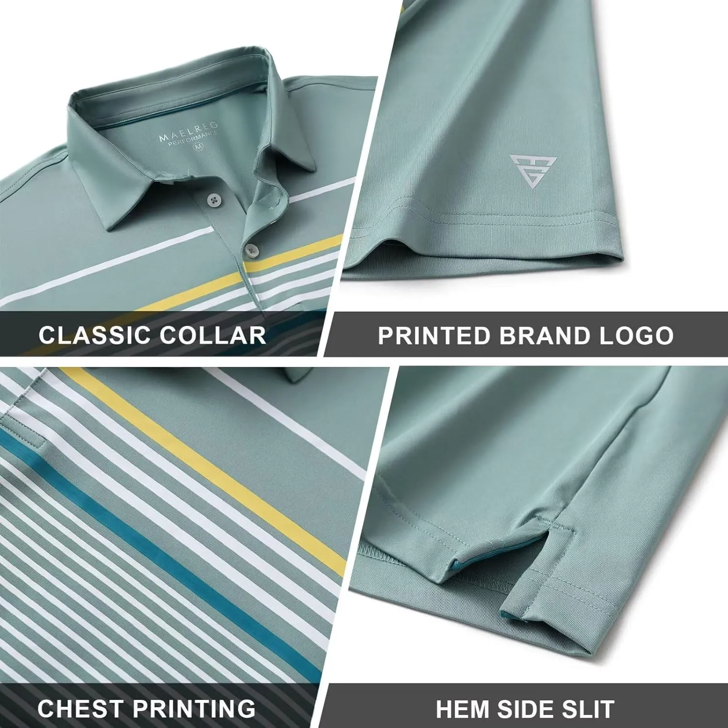 M MAELREG Golf Shirts for Men Short Sleeve Regular Fit Moisture Wicking Performance Casual Striped Print Mens Polo Shirts