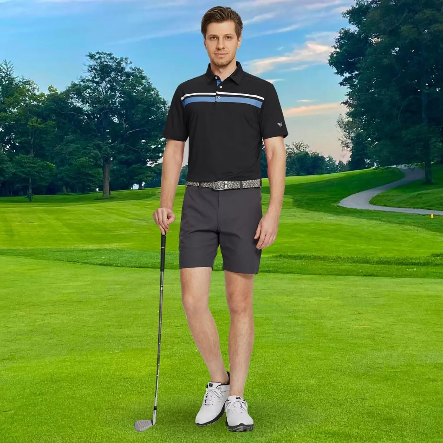 M MAELREG Golf Shirts for Men Short Sleeve Regular Fit Moisture Wicking Performance Casual Striped Print Mens Polo Shirts