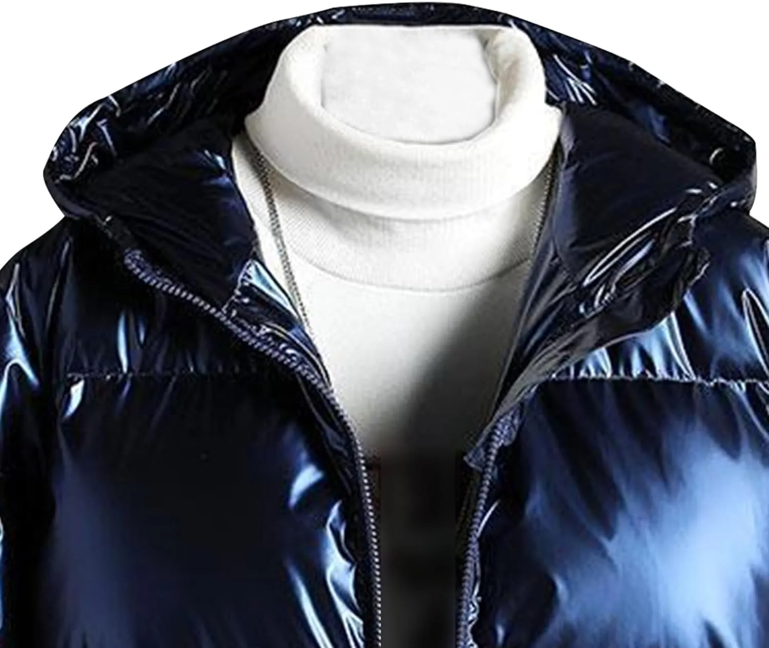 Maiyifu-GJ Men's Hooded Winter Puffer Jacket Fashion Full Zip Down Padded Coat Casual Metallic Shiny Short Down Coats