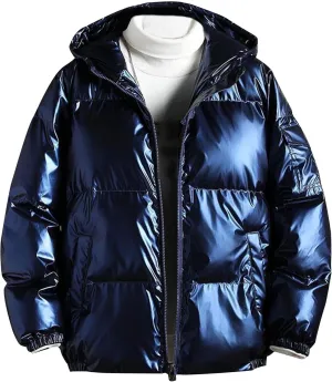 Maiyifu-GJ Men's Hooded Winter Puffer Jacket Fashion Full Zip Down Padded Coat Casual Metallic Shiny Short Down Coats