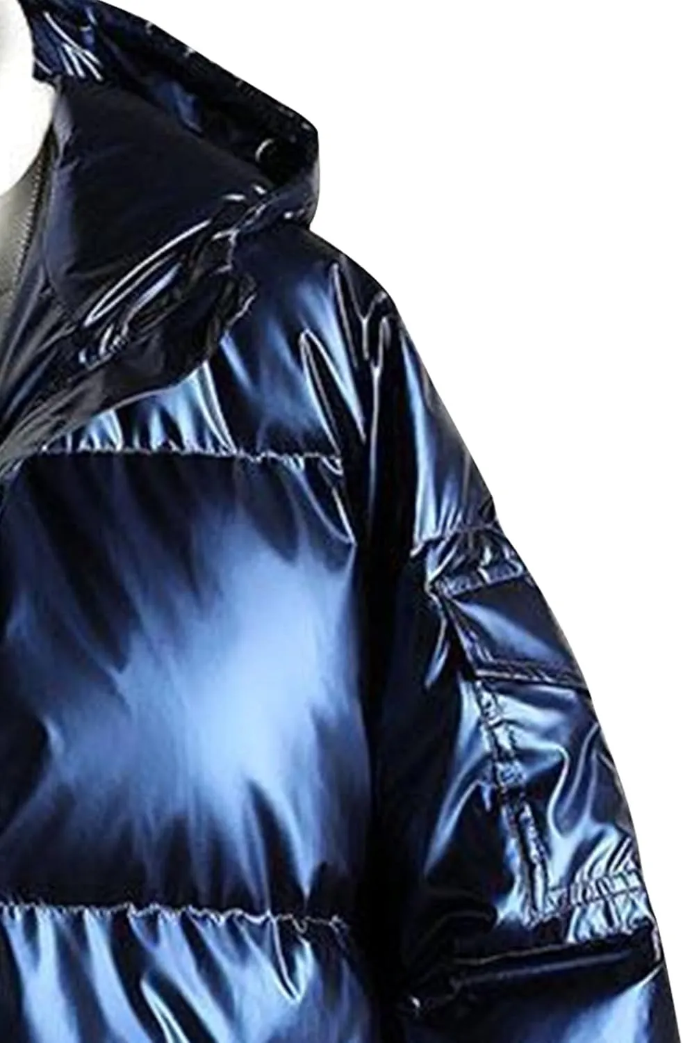 Maiyifu-GJ Men's Hooded Winter Puffer Jacket Fashion Full Zip Down Padded Coat Casual Metallic Shiny Short Down Coats