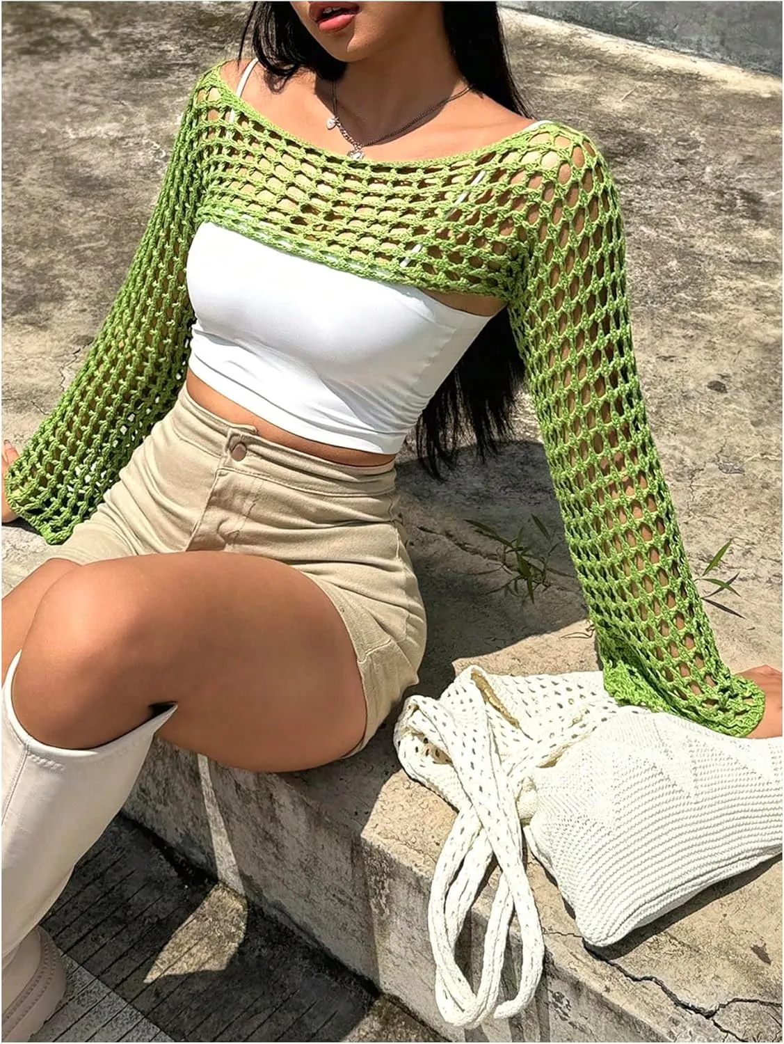 MakeMeChic Women's Rainbow Striped Crochet Shrug Top Bell Sleeve Crop Tops Hollow Out Sweater