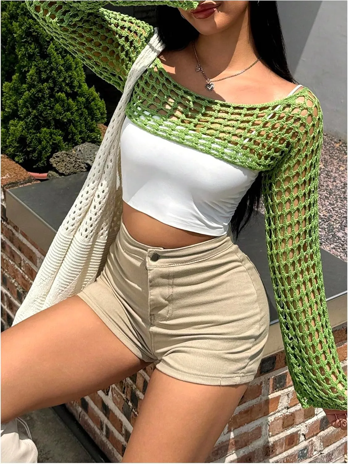 MakeMeChic Women's Rainbow Striped Crochet Shrug Top Bell Sleeve Crop Tops Hollow Out Sweater
