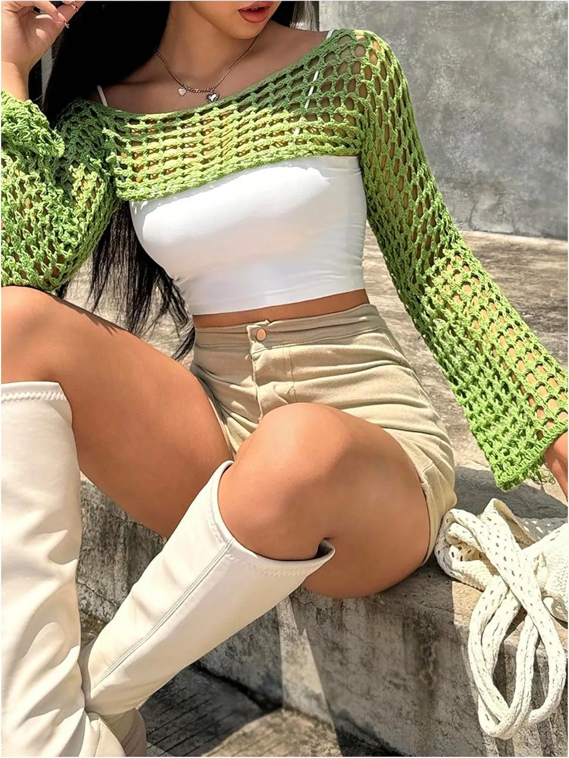 MakeMeChic Women's Rainbow Striped Crochet Shrug Top Bell Sleeve Crop Tops Hollow Out Sweater