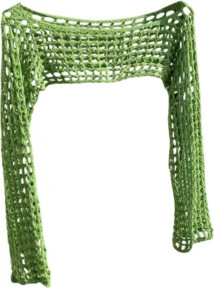 MakeMeChic Women's Rainbow Striped Crochet Shrug Top Bell Sleeve Crop Tops Hollow Out Sweater