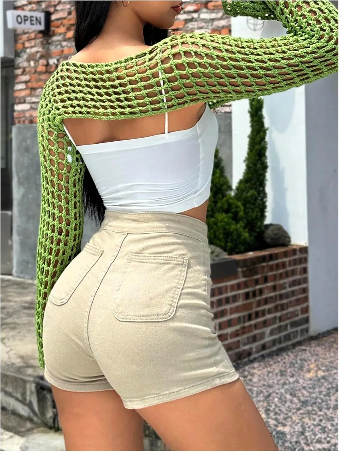 MakeMeChic Women's Rainbow Striped Crochet Shrug Top Bell Sleeve Crop Tops Hollow Out Sweater