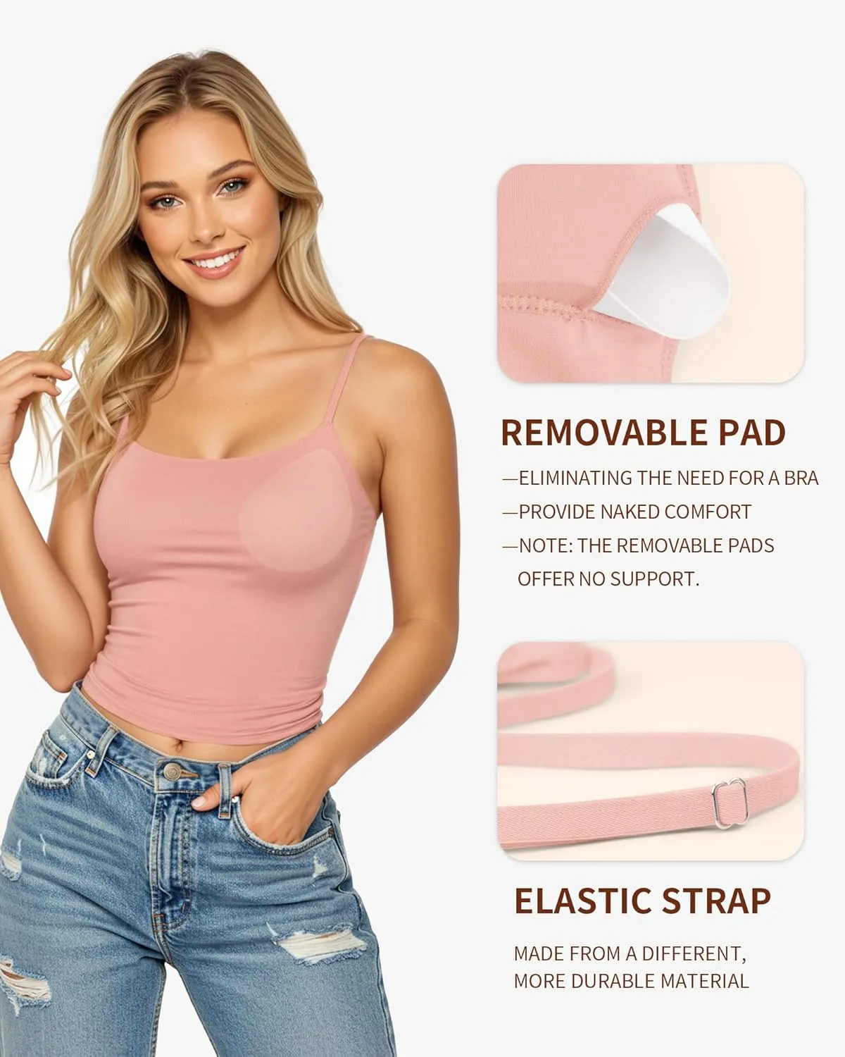 MANGOPOP Women's Tank Tops Detachable Bra Spaghetti Strap Cami Sexy Square Neck Sleeveless Basic Tee Shirts