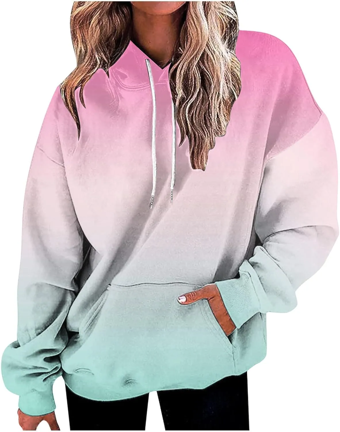 Masbird Hoodies for Women Gradient Print Oversized Sweatshirt Drawstring Pullover with Pocket Trendy Sweater Tops Blouses