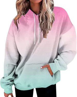 Masbird Hoodies for Women Gradient Print Oversized Sweatshirt Drawstring Pullover with Pocket Trendy Sweater Tops Blouses