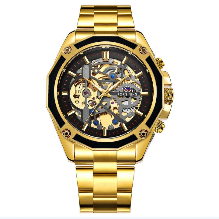Men Golden Stainless Steel Strap Skeleton WINNER Auto Mechanical Watch Automatique Montre