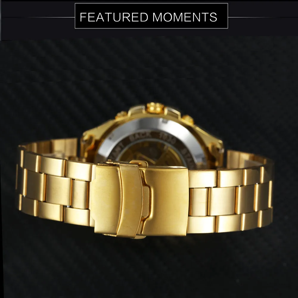 Men Golden Stainless Steel Strap Skeleton WINNER Auto Mechanical Watch Automatique Montre