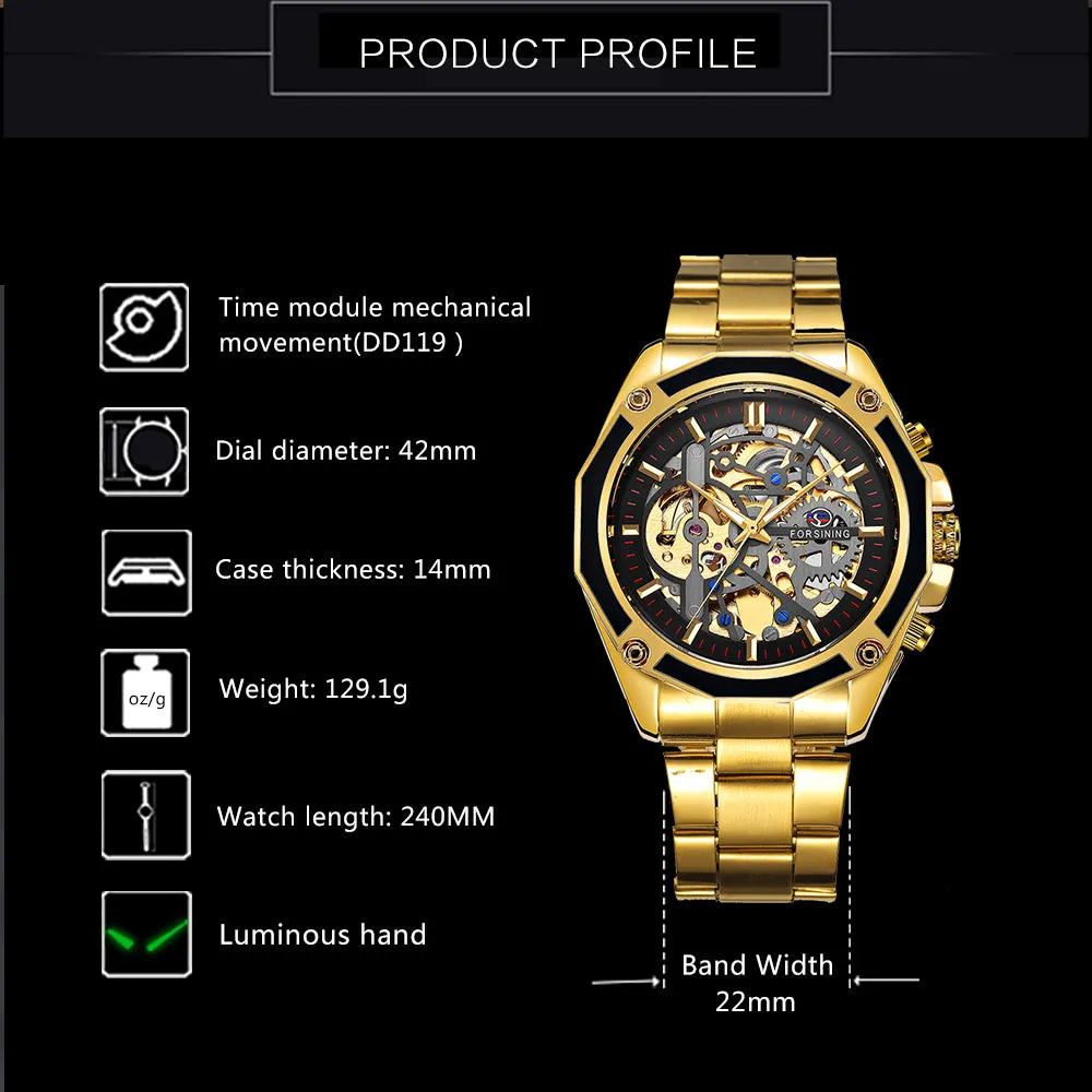 Men Golden Stainless Steel Strap Skeleton WINNER Auto Mechanical Watch Automatique Montre
