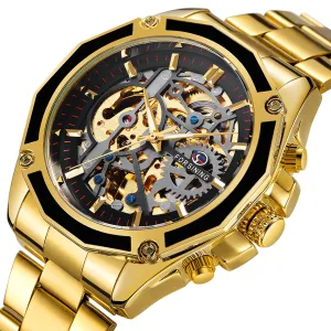 Men Golden Stainless Steel Strap Skeleton WINNER Auto Mechanical Watch Automatique Montre