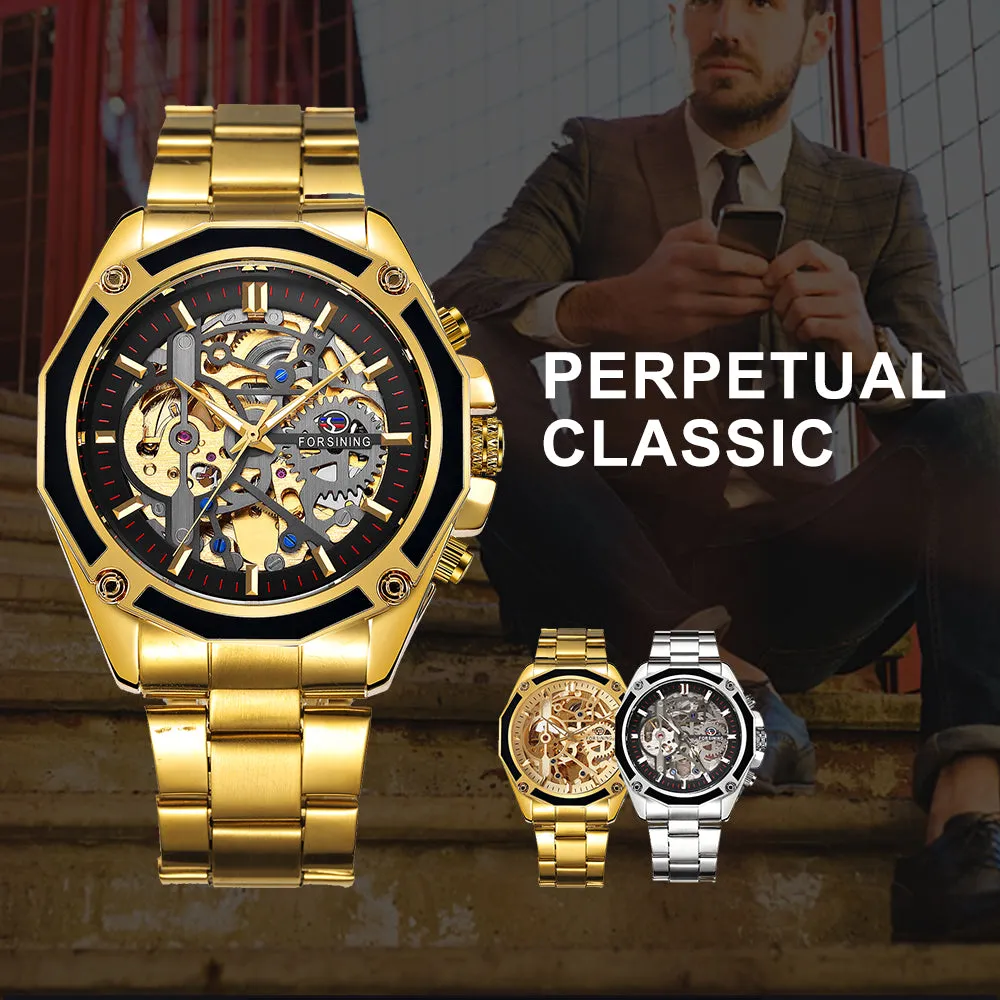 Men Golden Stainless Steel Strap Skeleton WINNER Auto Mechanical Watch Automatique Montre